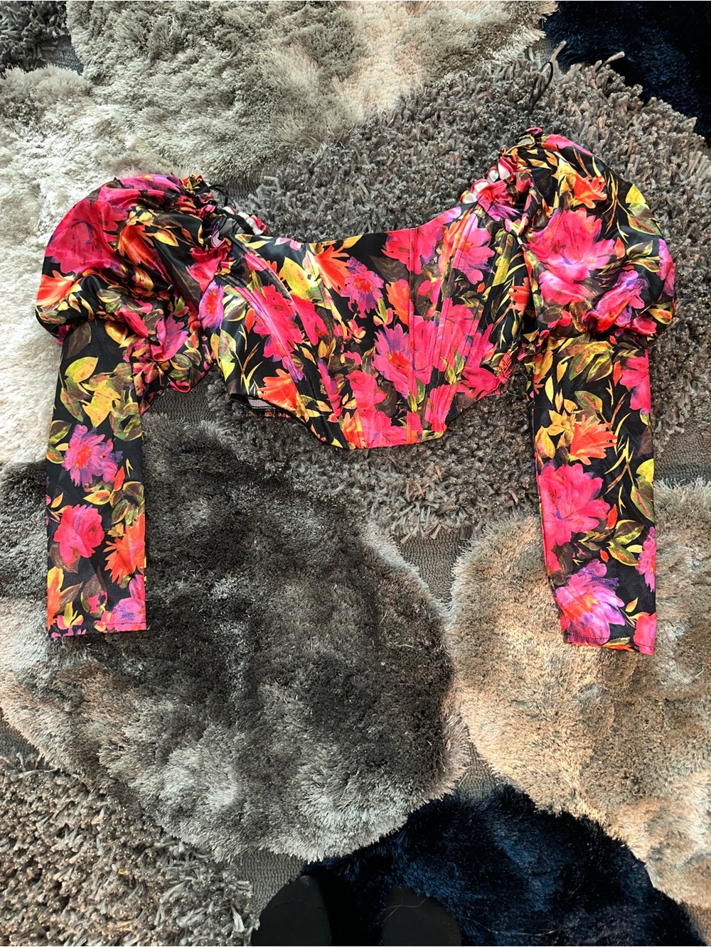 Fashion Nova Floral Corset Bustier Top Puff Sleeve Smocked Back XL